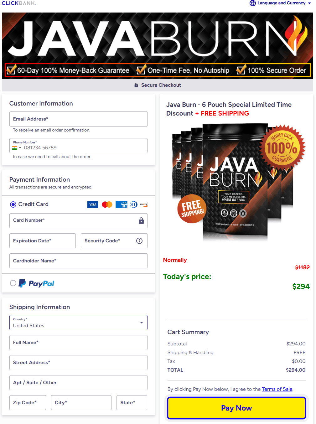 Java Burn Order Checkout Page